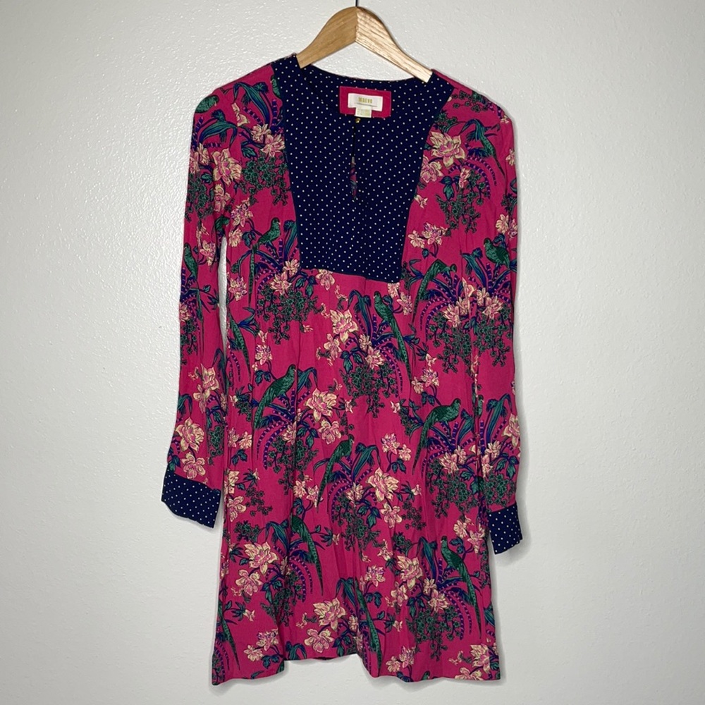 Anthropologie Maeve Parrot/Floral‎ Print Long Sleeve Dress sz 4 Pink/Blue